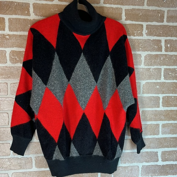 Vintage 1989 IB Diffusion sequin tunic sweater Large Black red turtleneck - Picture 5 of 7